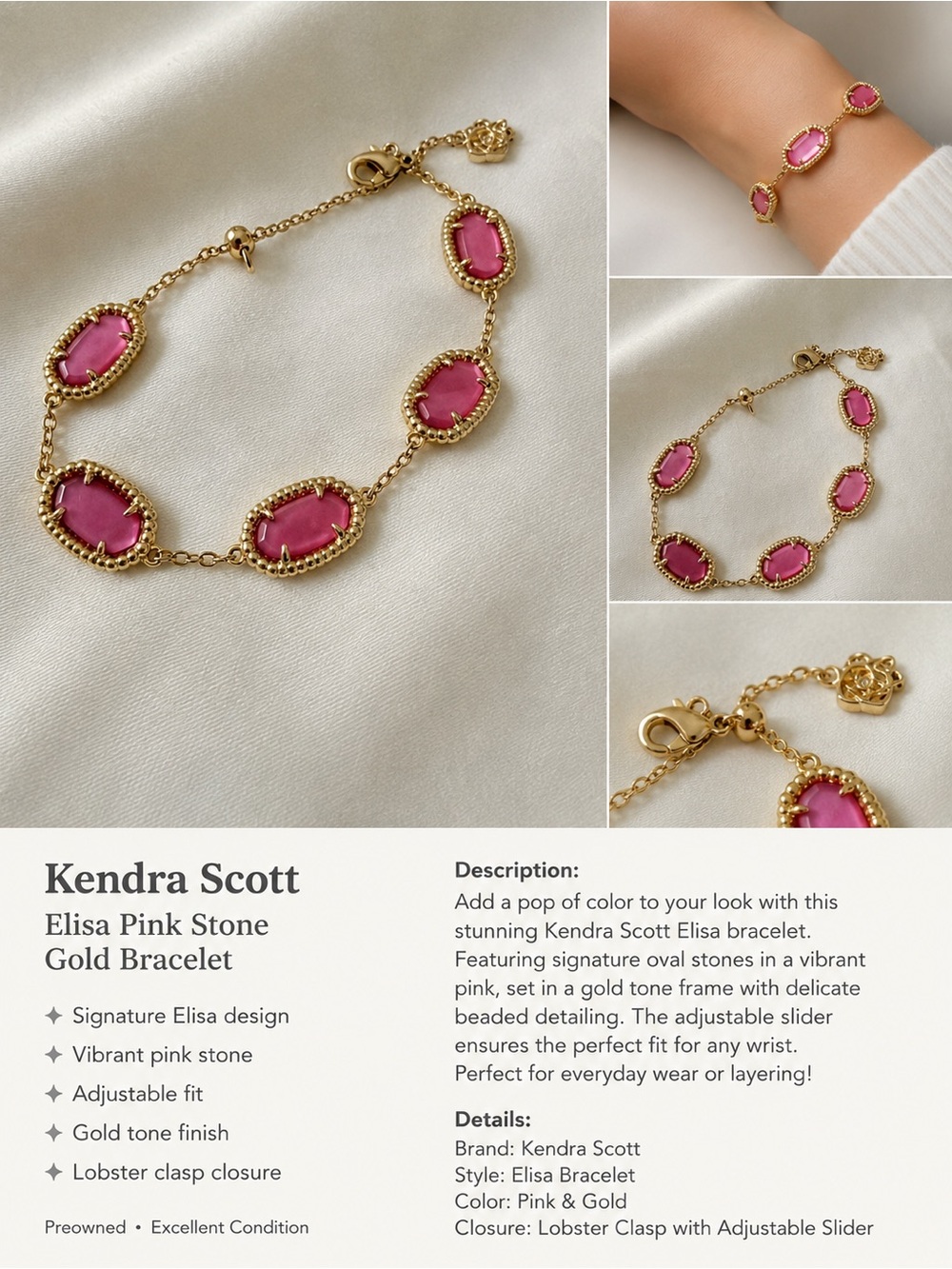 Kendra Scott Elisa Gold Bracelet with Bright Pink Stones